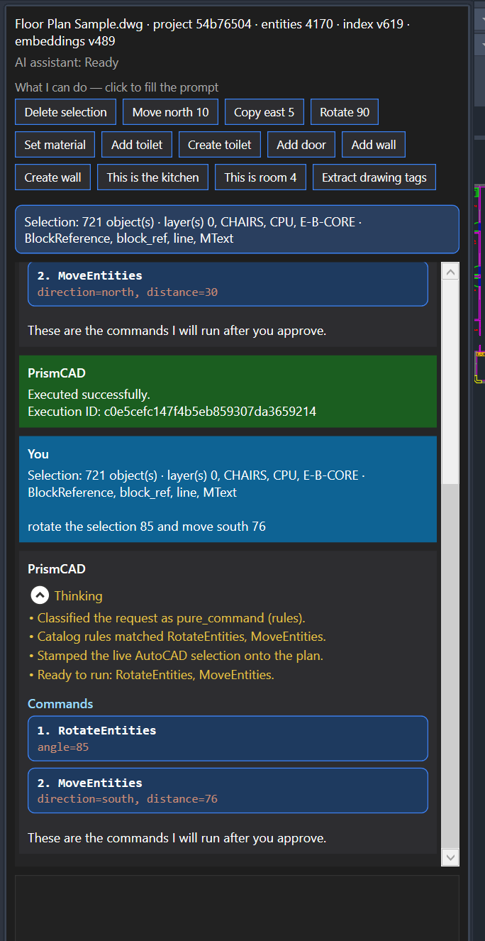 PrismCAD command panel inside AutoCAD showing a natural-language request, planned RotateEntities and MoveEntities commands, and a successful execution result