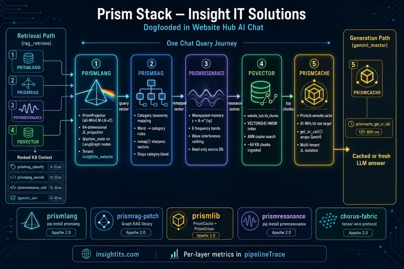 Prism Stack architecture diagram: PrismLang encoding, PrismRAG category mapping, PrismResonance ranking, pgvector retrieval, and PrismCache LLM caching — dogfooded in Website Hub chat
